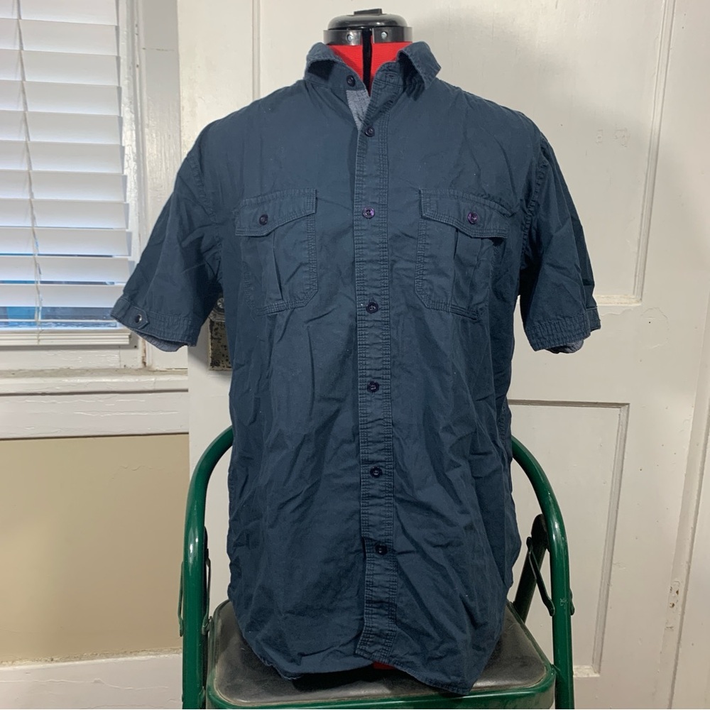 PD&C Navy Cotton Button-up Camp Shirt